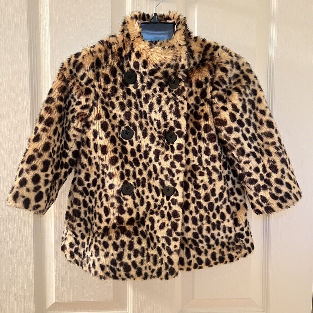 Crewcuts J Crew Leopard Print Faux-Fur Coat Double Breasted Girls Size 3